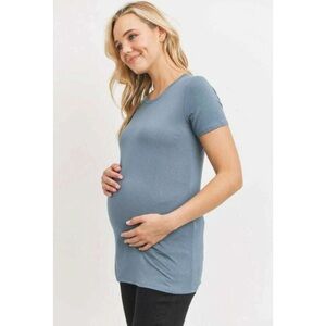 HELLO MIZ Round Neck Blue Maternity Top with Side Ruching